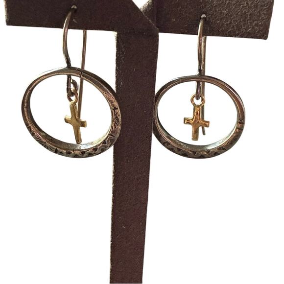 14K Cross 925 Sterling Silver Circle Drop Earrings